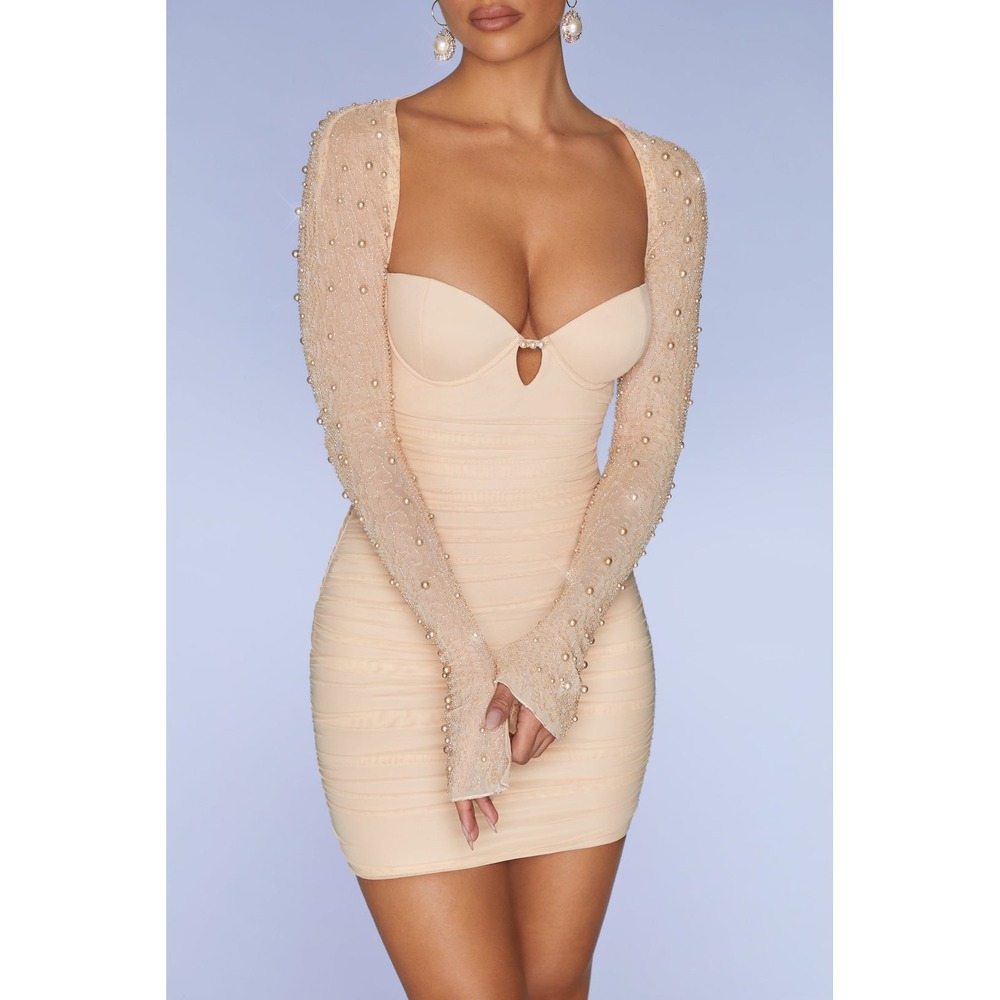 Oh Polly St Germain Ruched Mesh Pearl Mini Dress baddie soft glam Stretch 6